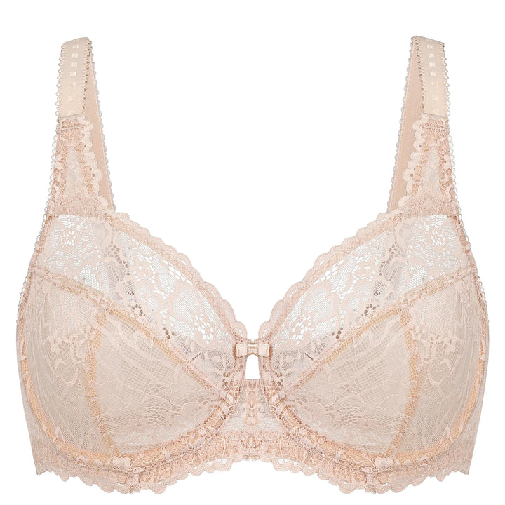 Spitzen-BH in Beige, Damenunterwäsche, verstellbare Träger, elegantes Design, Komfort.