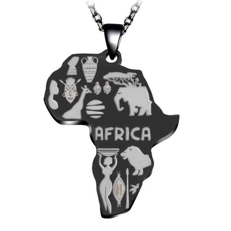 Schwarzer Afrika-Anhänger mit silbernen Symbolen, Edelstahl, Kette, Schmuck für Herren und Damen.