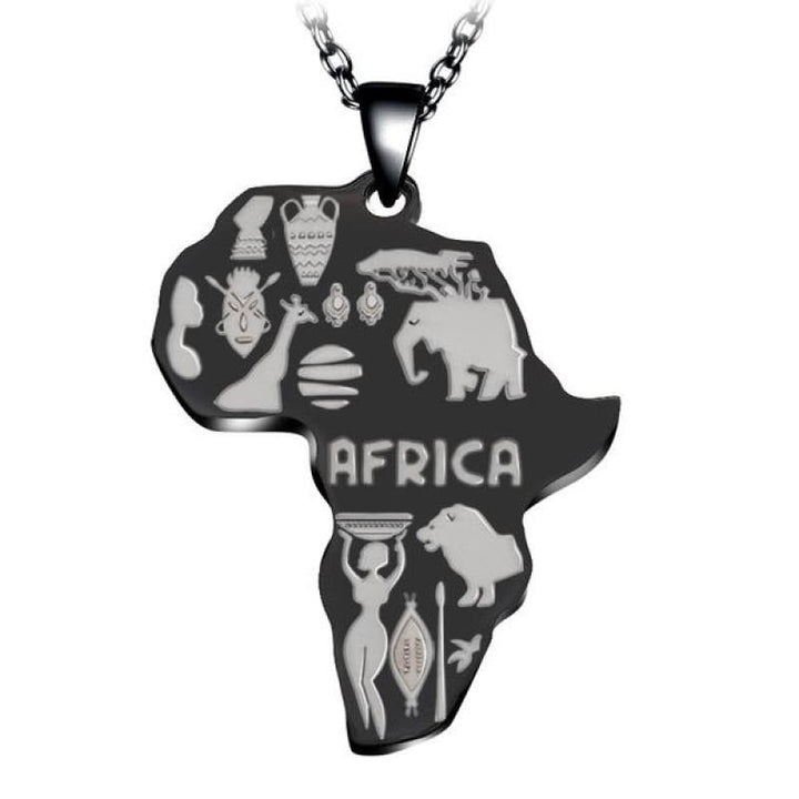 Schwarzer Afrika-Anhänger mit silbernen Symbolen, Edelstahl, Kette, Schmuck für Herren und Damen.
