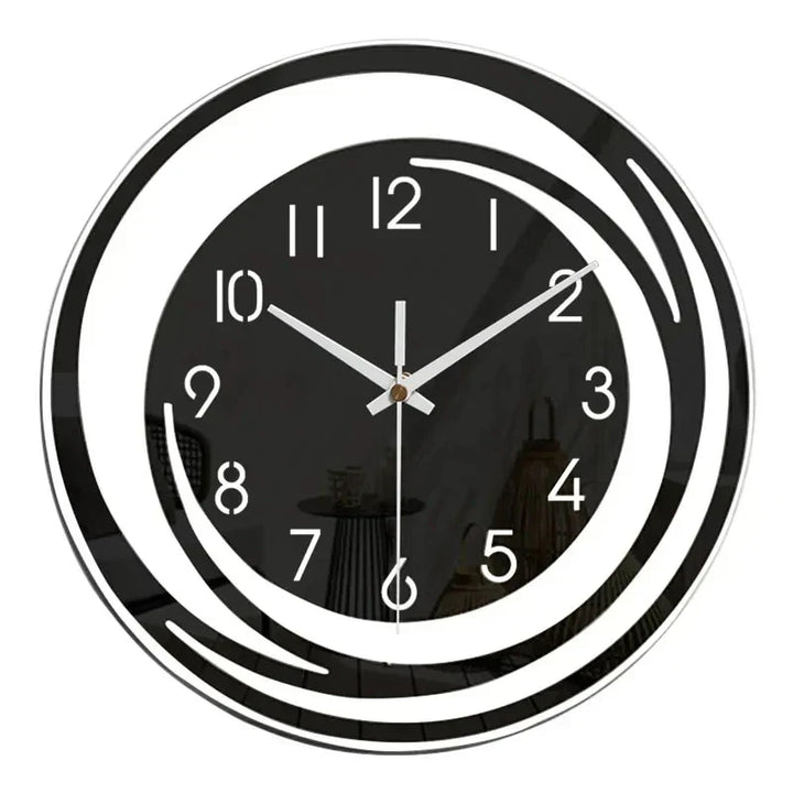 Schwarze Wanduhr mit weißem Spiralmuster, modernes Design, runde Form, dekorativ.