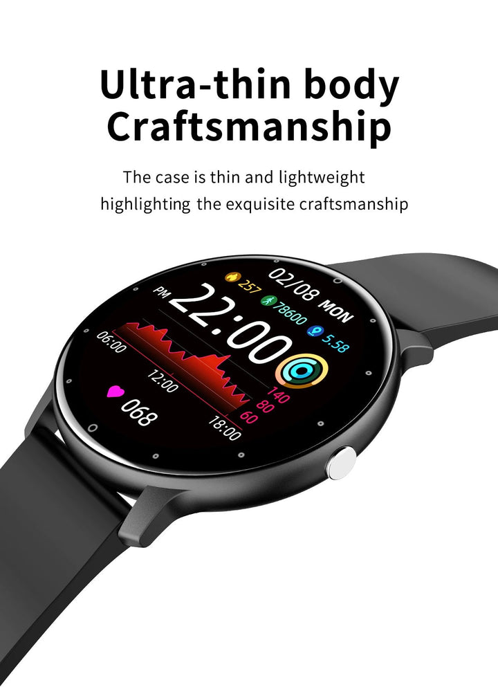 Schwarze Smartwatch mit rundem Display, Fitness-Tracking, Herzfrequenzanzeige, ultra-dünnes Design.