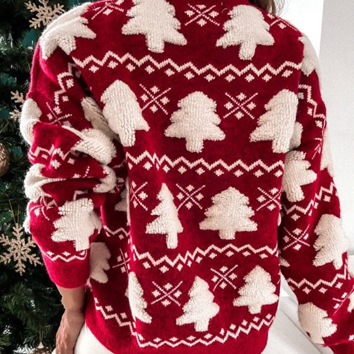 Roter Weihnachtspullover mit weißen Tannenbäumen, Strickmuster, festliche Wintermode.