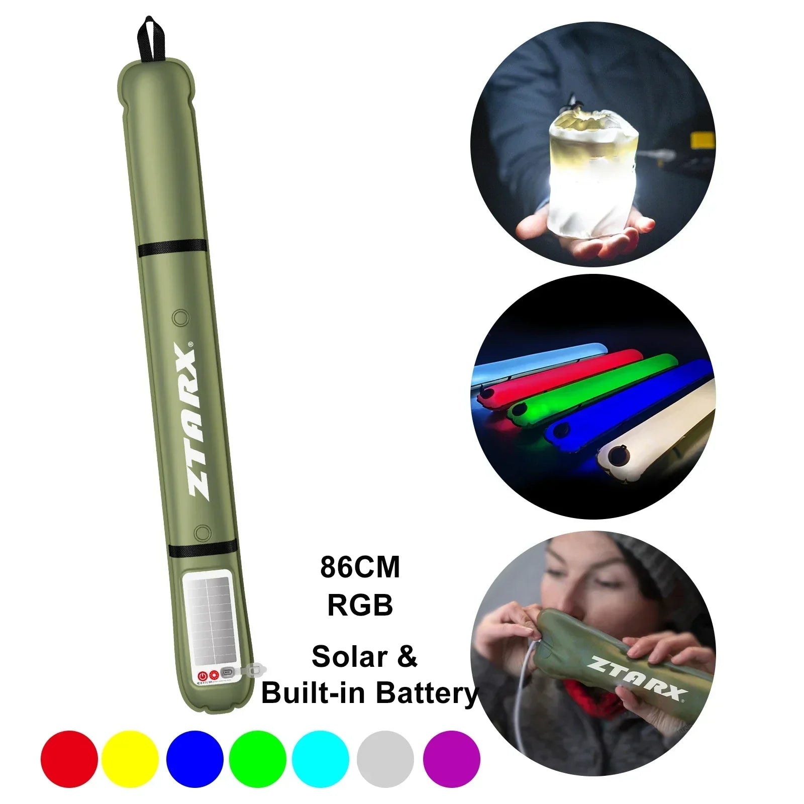 Grüne LED-Campinglampe, 86cm, RGB, solarbetrieben, integrierter Akku, tragbar, ZTARX.