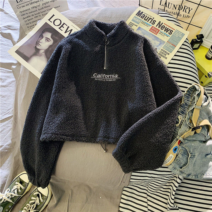 Schwarzer Fleece-Pullover mit Reißverschluss, "California"-Aufdruck, lässig, warm, modisch.
