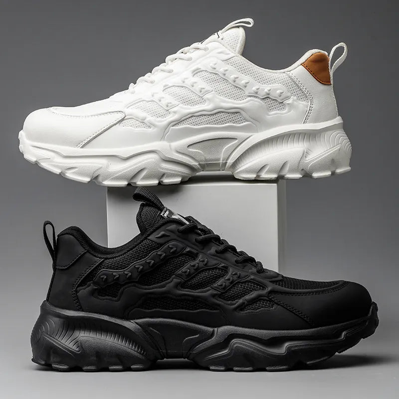 Weiße und schwarze Sneaker, sportlich, atmungsaktiv, rutschfest, für Herren.