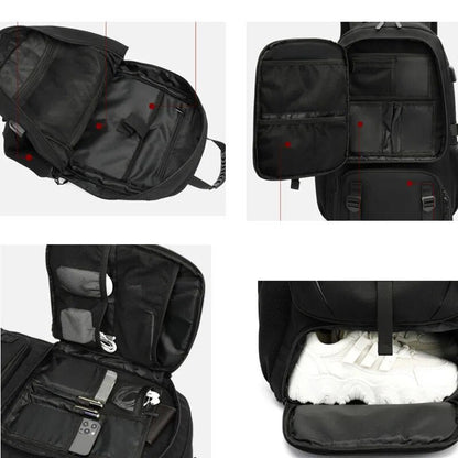 Schwarzer Laptop-Rucksack mit mehreren Fächern, ideal für Reisen und Schule.