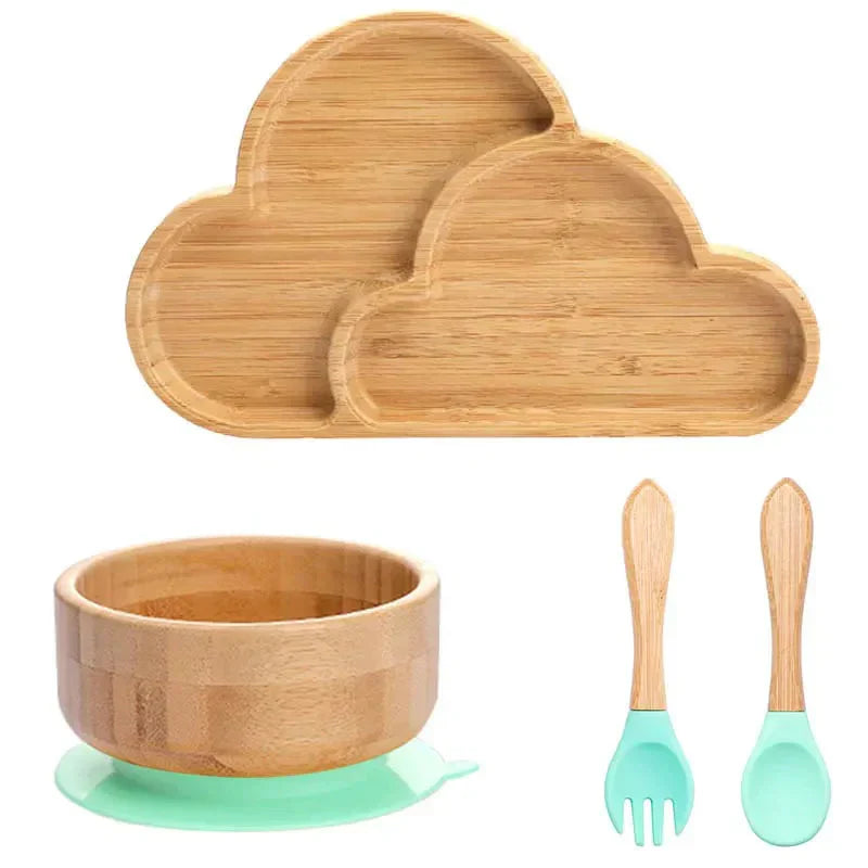 Bambus Kindergeschirr Set Wolke, Schüssel, Löffel, Gabel, umweltfreundlich, rutschfest, Holz.