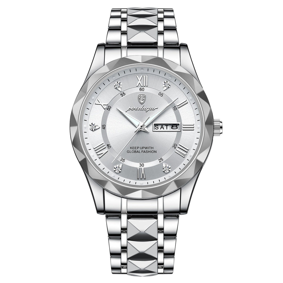 Silberne Herrenarmbanduhr mit Datumsanzeige, Edelstahlarmband, römische Ziffern, elegant.
