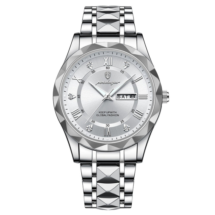 Silberne Herrenarmbanduhr mit Datumsanzeige, Edelstahlarmband, römische Ziffern, elegant.