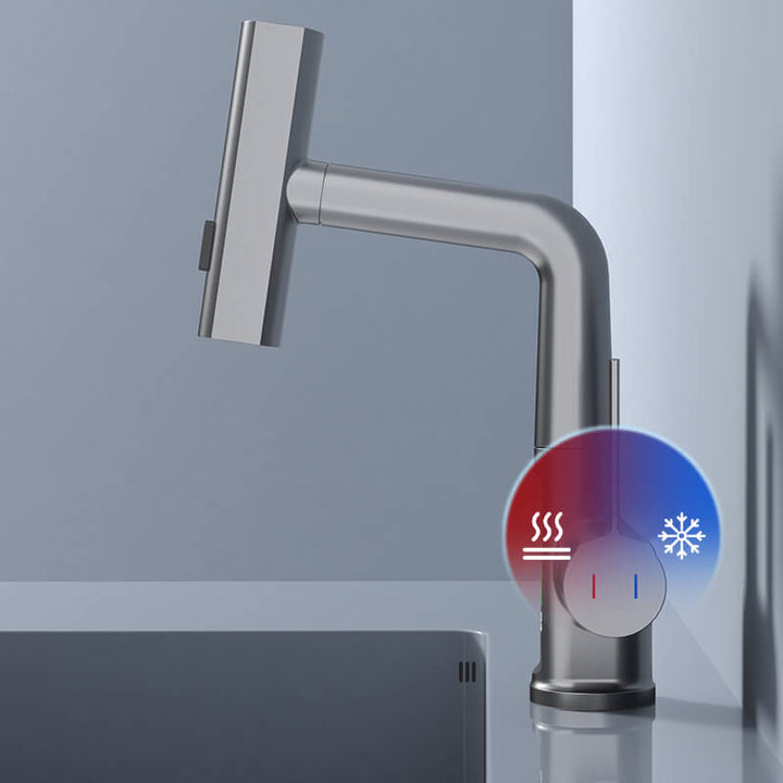 Moderne Edelstahl-Wasserhahn mit Temperaturregelung, gebürstet, für Küche oder Bad.