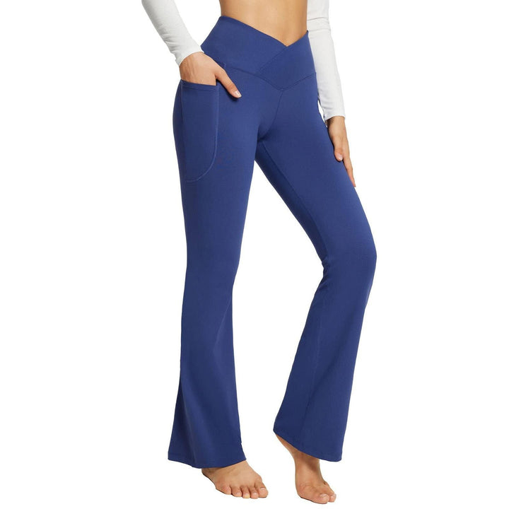 Blaue Yogahose Damen, Bootcut, mit Taschen, elastisch, bequem, Sportbekleidung.