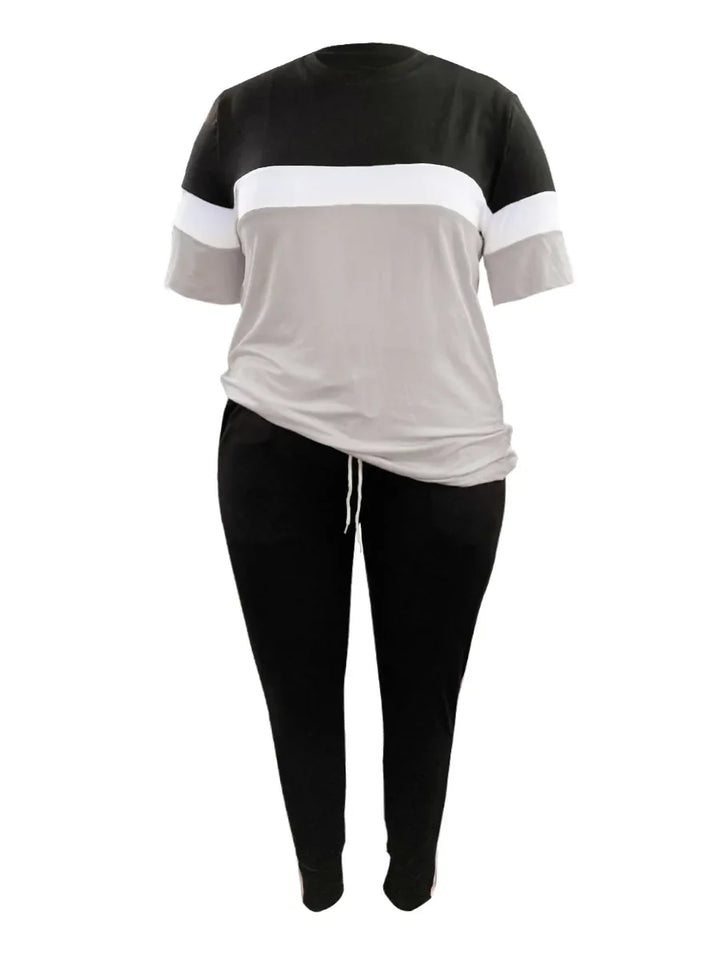 Damen Zweiteiler Set, schwarz-grau, T-Shirt und Hose, Freizeitmode, Baumwolle, bequem.