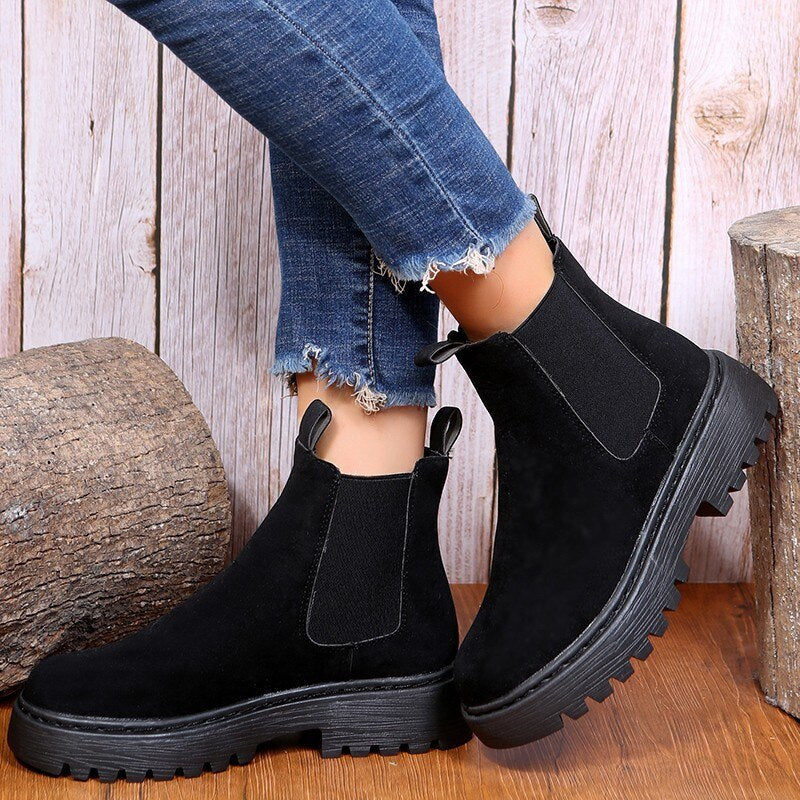 Schwarze Chelsea Boots Damen, Wildleder, robuste Sohle, modisch, bequem, Herbstmode.