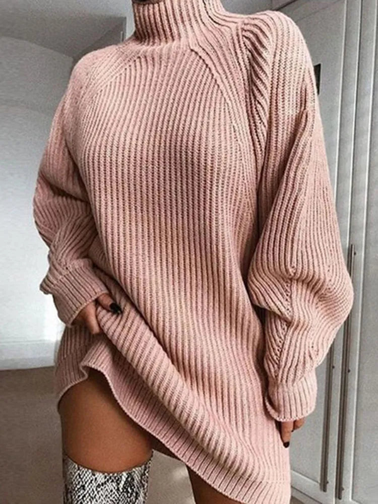 Damen Oversize Strickpullover, rosa, Rollkragen, grob gestrickt, modisch, gemütlich.