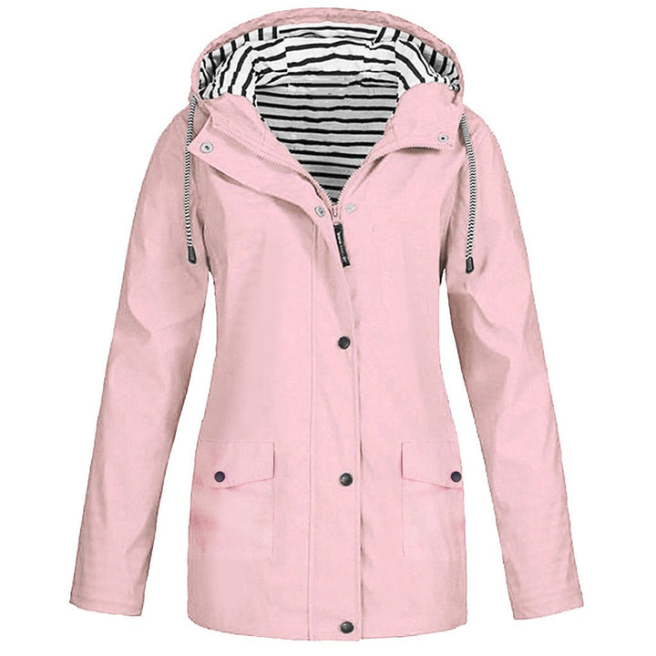 Damen Regenjacke rosa, gestreiftes Innenfutter, Kapuze, wasserdicht, Outdoor-Bekleidung.