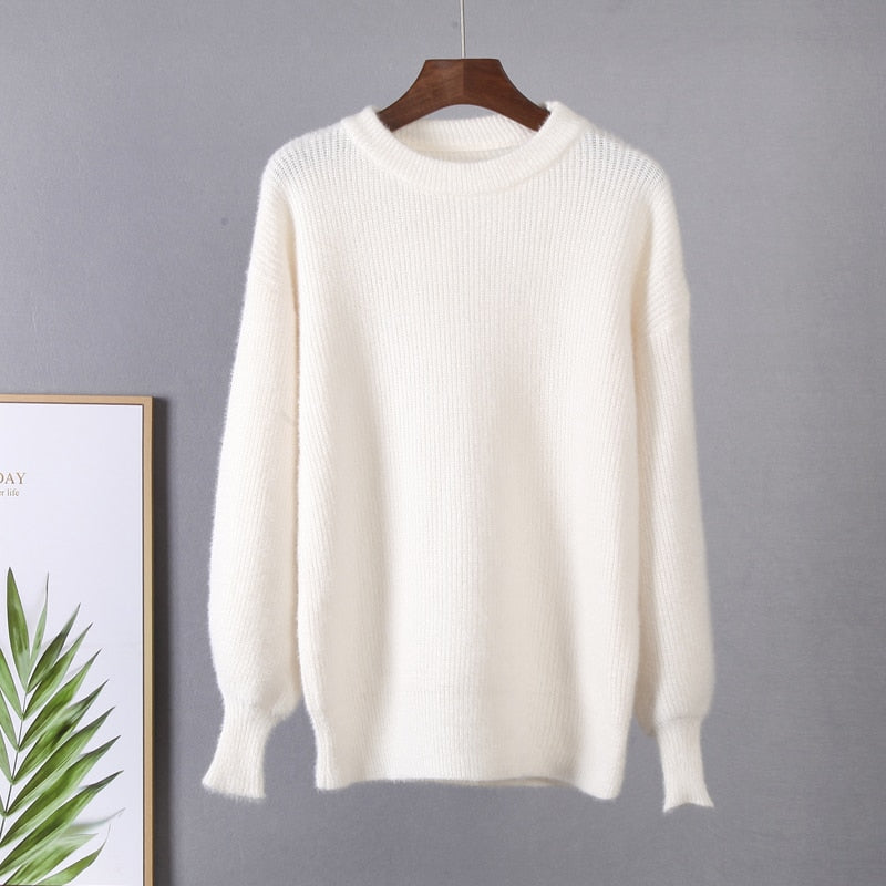 Weißer Strickpullover aus Wolle, langärmelig, unisex, gemütlich, modisch, Herbstmode.