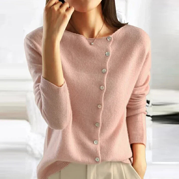 Damenpullover rosa, Kaschmir, Knopfleiste, elegantes Design, Herbstmode, weiches Material.