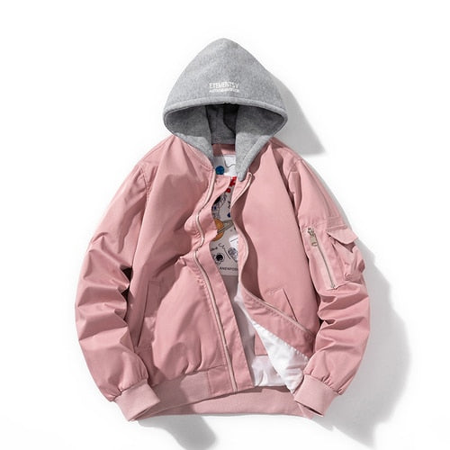 Rosa Bomberjacke mit grauer Kapuze, lässiger Stil, Unisex, modisch, Herbstbekleidung.