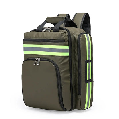 Grüne Rucksacktasche mit reflektierenden Streifen, wasserabweisend, ideal für Outdoor-Aktivitäten.