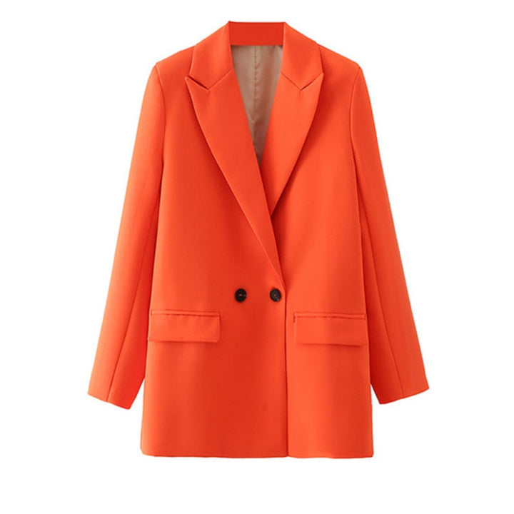 Orangefarbener Damenblazer, zweireihig, elegant, modisch, aus Polyester, für Büro und Freizeit.