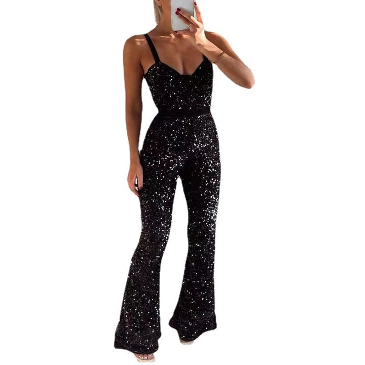 Schwarzer Pailletten-Jumpsuit Damen, ärmellos, glamourös, Abendmode, Party-Outfit.