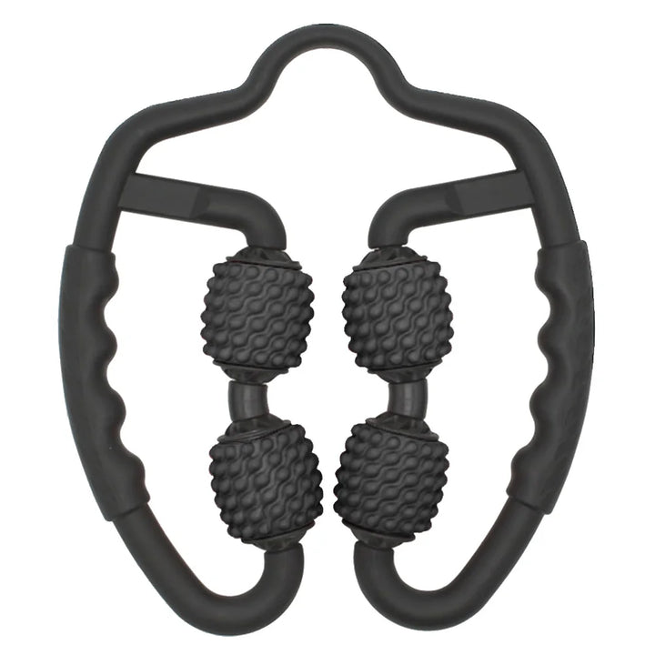 Schwarzer Muskelroller, Handmassagegerät, ergonomisch, für Muskelentspannung und Schmerzlinderung.