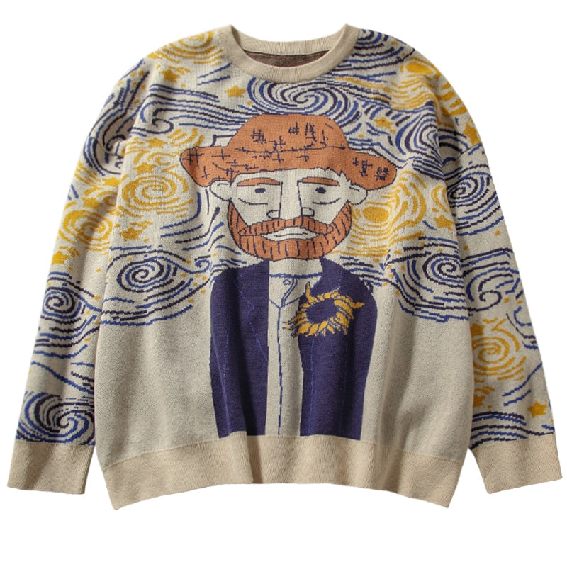 Bunter Strickpullover mit Van-Gogh-Motiv, beige, blau, gelb, Unisex, Kunst-inspiriertes Design.