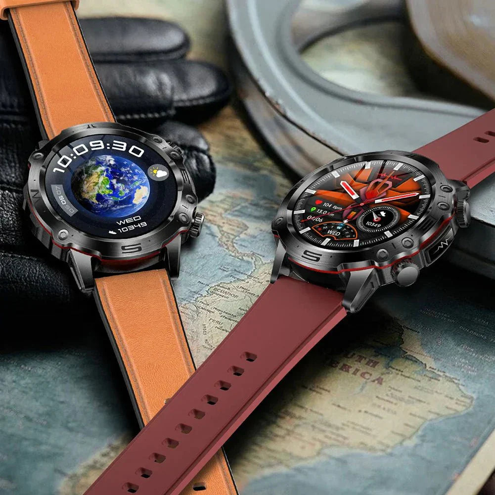 Zwei Smartwatches mit Lederarmbändern auf einer Weltkarte, eine mit Globus-Display, die andere mit Zifferblatt.