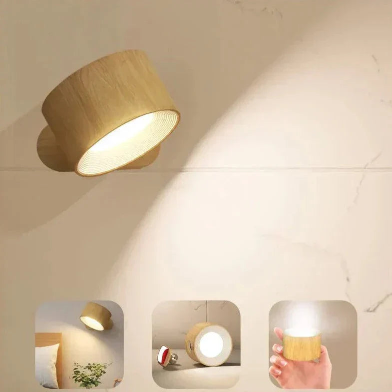 Moderne LED-Wandleuchte aus Holz, rund, warmweißes Licht, energiesparend, für Schlafzimmer.