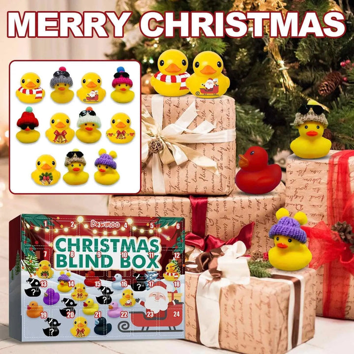 Weihnachts-Badeenten-Set mit Adventskalender, gelb, Geschenkverpackung, festliche Dekoration.
