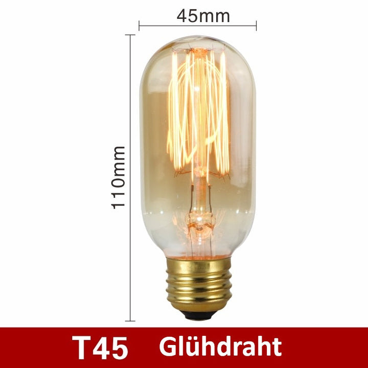 T45 Glühdraht-Glühbirne, 110mm, 45mm Durchmesser, Vintage Edison-Stil, E27 Fassung.
