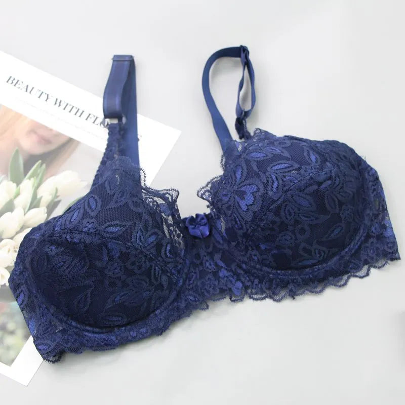 Dunkelblauer Spitzen-BH, florales Muster, verstellbare Träger, Damenunterwäsche, elegant.