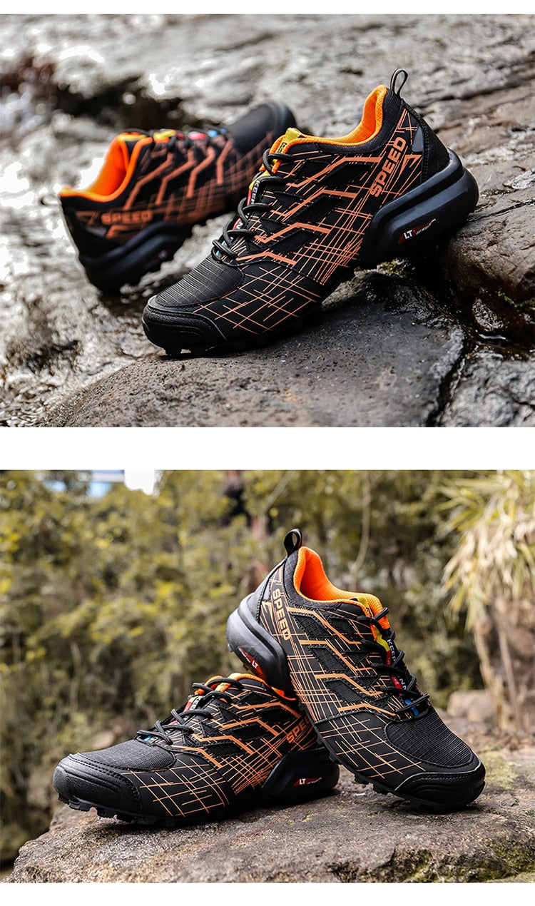 Schwarze und orange Wanderschuhe, rutschfest, atmungsaktiv, für Outdoor-Aktivitäten.