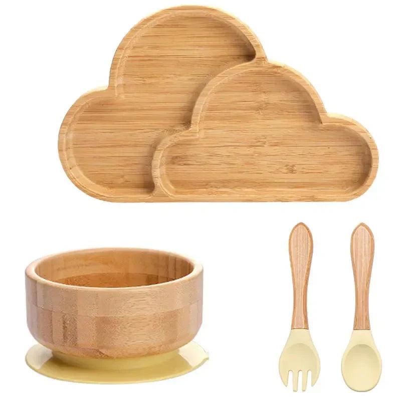 Bambus Kindergeschirr Set Wolke, Schüssel, Löffel, Gabel, umweltfreundlich, naturfarben