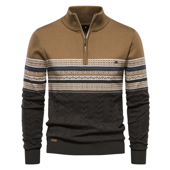 Brauner Herrenpullover mit Reißverschluss, Strickmuster, Wintermode, warm und stilvoll.