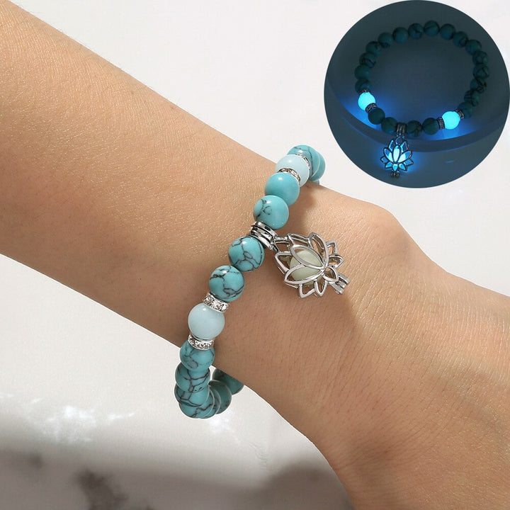 Türkisfarbenes Armband mit Lotus-Anhänger, leuchtend im Dunkeln, Damen-Schmuck.