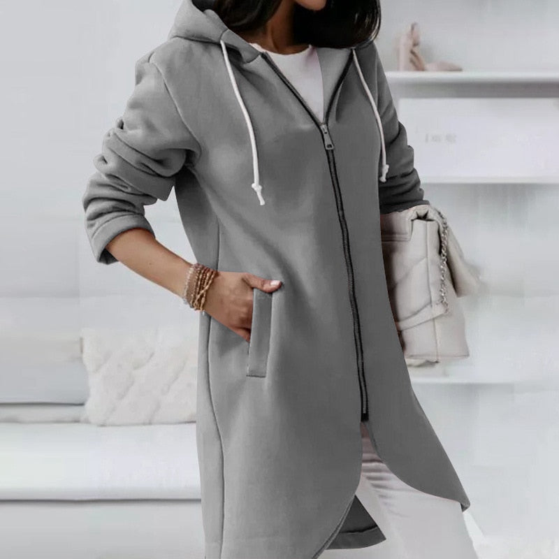 Damen Kapuzenjacke grau, Reißverschluss, Taschen, lässig, Baumwolle, modisch, bequem.