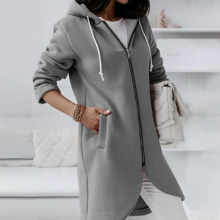 Damen Kapuzenjacke grau, Reißverschluss, Taschen, lässig, Baumwolle, modisch, bequem.