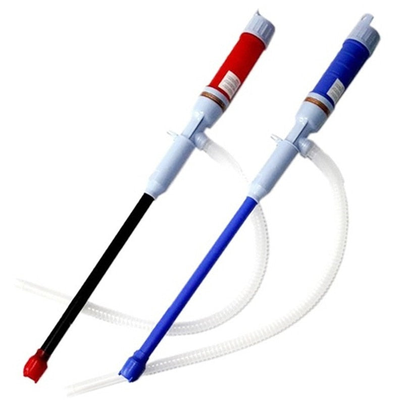 Zwei elektrische Flüssigkeitspumpen, rot und blau, für Benzin und Wassertransfer.