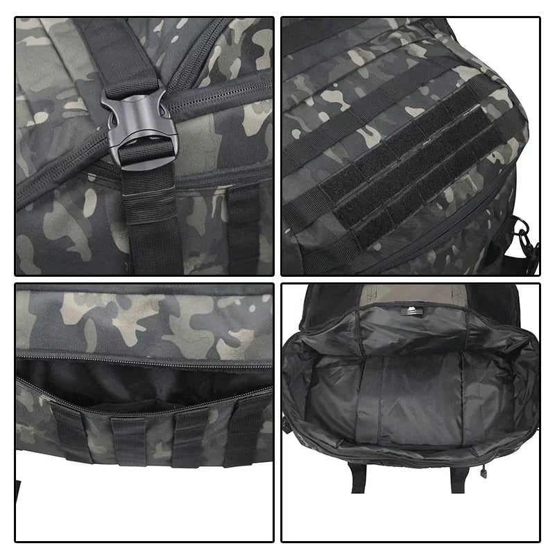 Taktischer Rucksack, Camouflage, robust, mit mehreren Fächern, ideal für Outdoor-Aktivitäten.