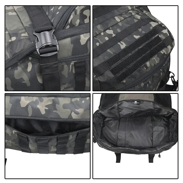 Taktischer Rucksack, Camouflage, robust, mit mehreren Fächern, ideal für Outdoor-Aktivitäten.