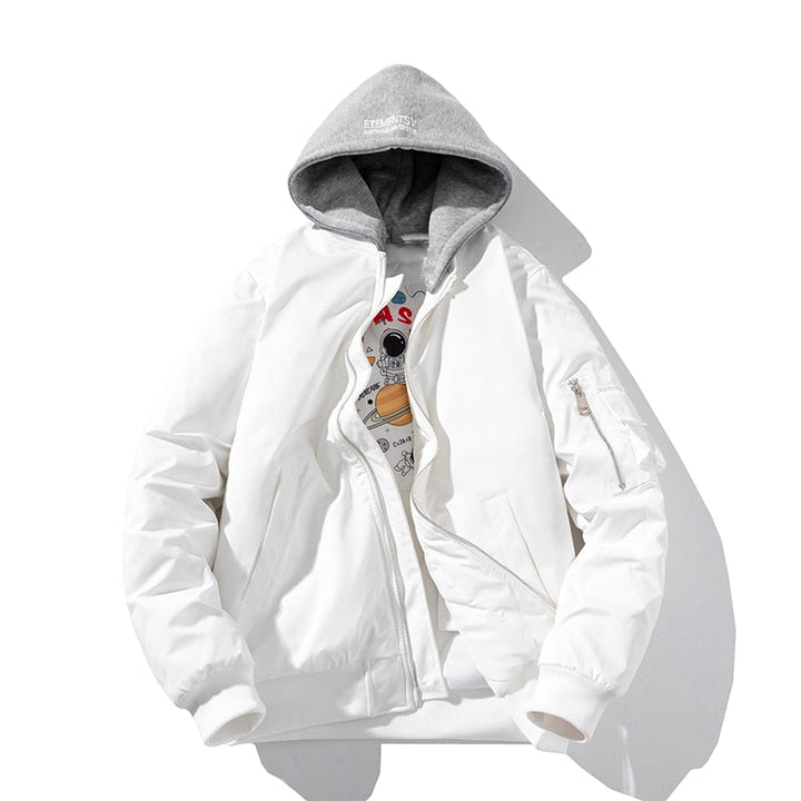 Weiße Bomberjacke mit grauem Kapuzenpullover, Baumwolle, lässig, Herrenmode, Streetwear.