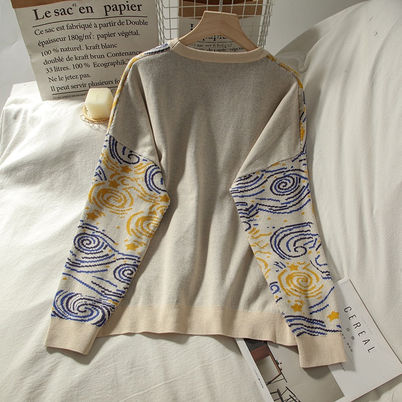 Beige Pullover mit buntem Muster, Langarm, Baumwolle, modisch, für Damen, Rückansicht.