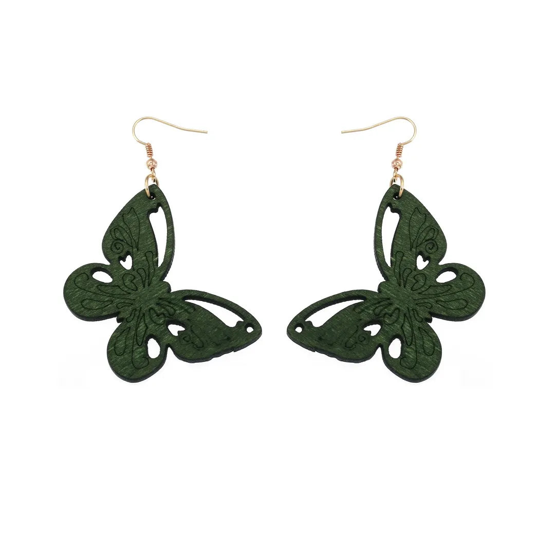 Grüne Schmetterling Ohrringe aus Holz, handgefertigt, modisches Accessoire, Damen Schmuck.