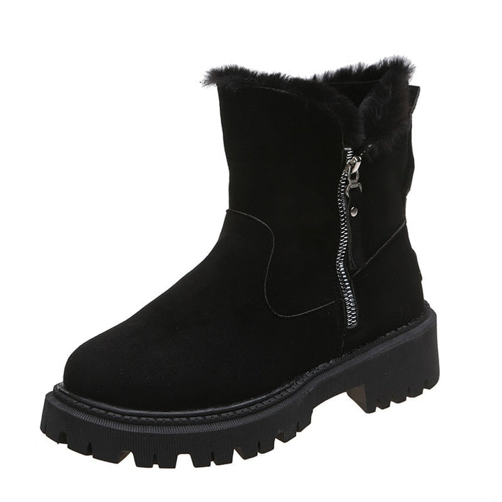 Schwarzer Damen-Winterstiefel mit Reißverschluss, Kunstfellfutter, robuster Sohle.