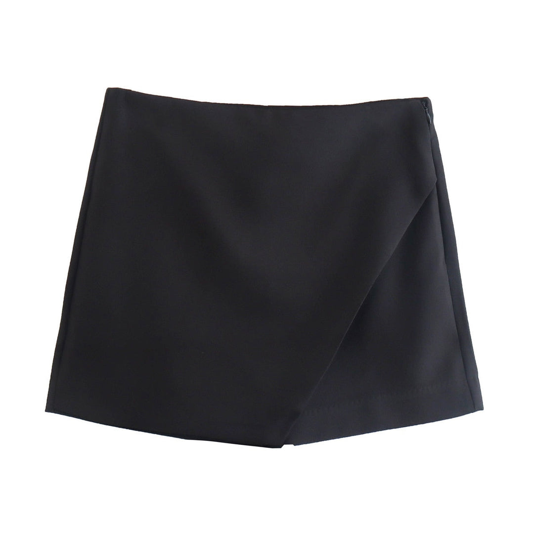 Schwarzer Minirock aus Baumwolle, asymmetrisch, Damenmode, elegant, vielseitig, modern.
