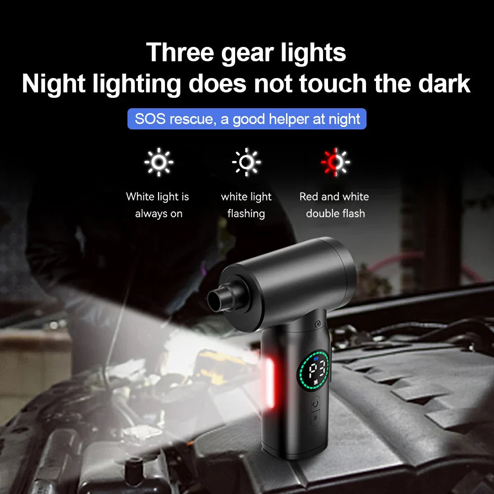 Schwarze tragbare Luftpumpe mit LED-Anzeige, ideal für Autoreifen, Fahrradreifen, Nachtbeleuchtung.