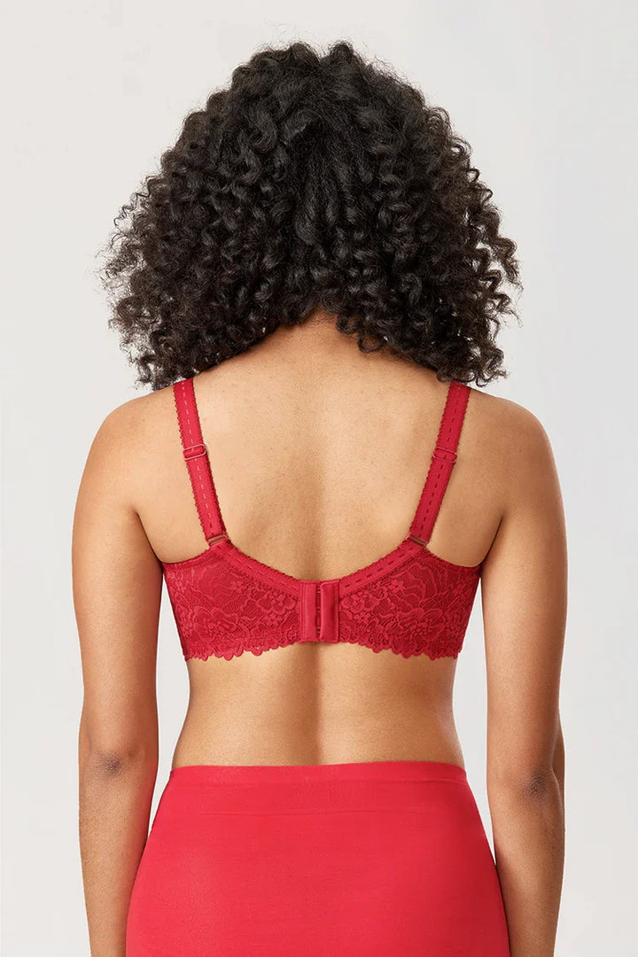 Roter Spitzen-BH für Damen, Rückansicht, verstellbare Träger, bequeme Passform.