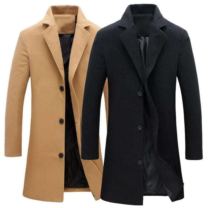 Zwei Herrenmäntel, beige und schwarz, aus Wolle, elegant, klassischer Stil, Herbstmode.