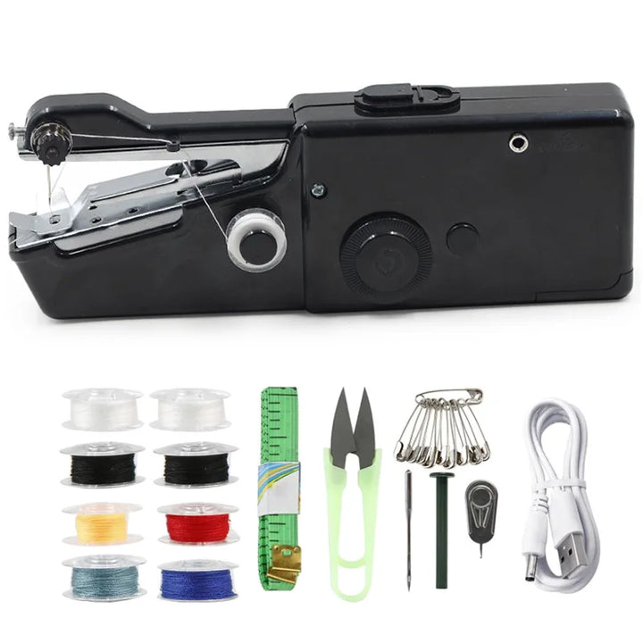 Schwarze Handnähmaschine mit Zubehörset, tragbar, ideal für schnelle Reparaturen.